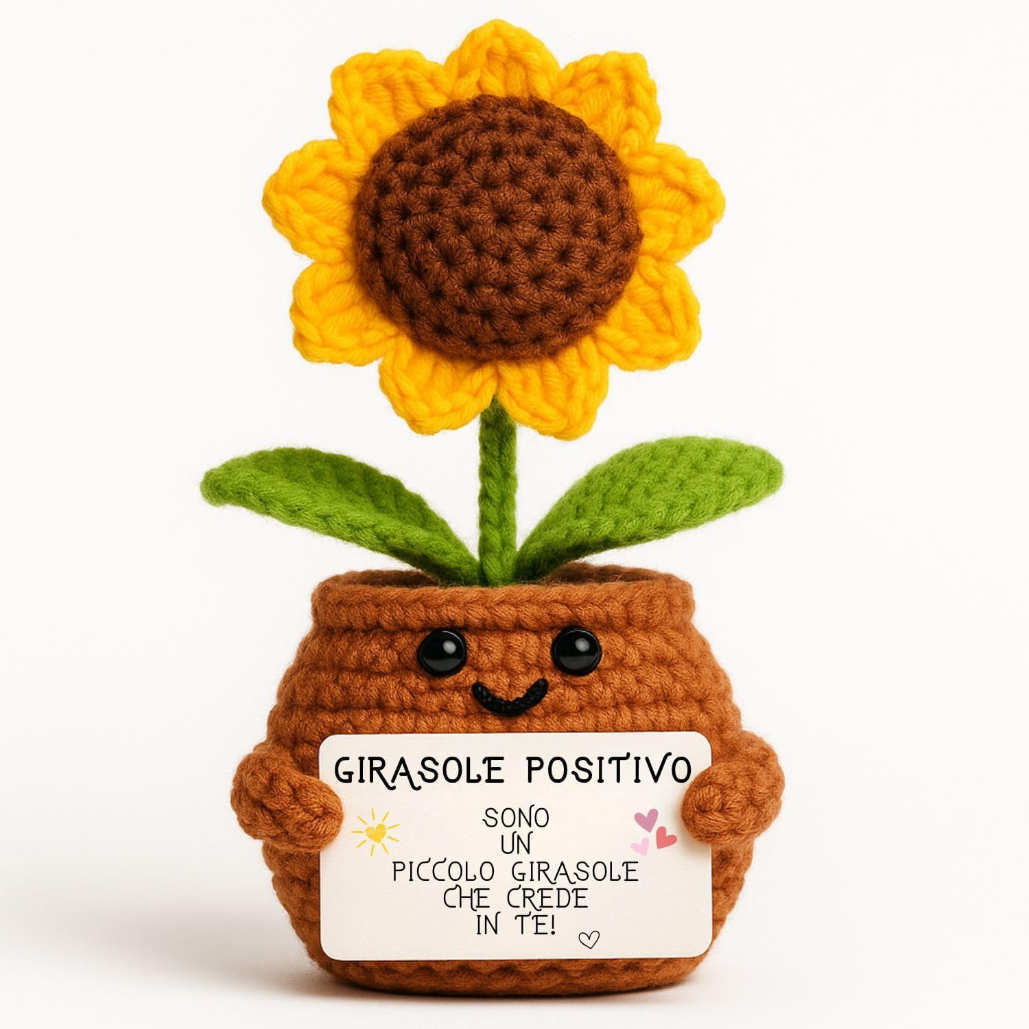 Girasole Positivo – girasole all'uncinetto nel vasetto con messaggio positivo