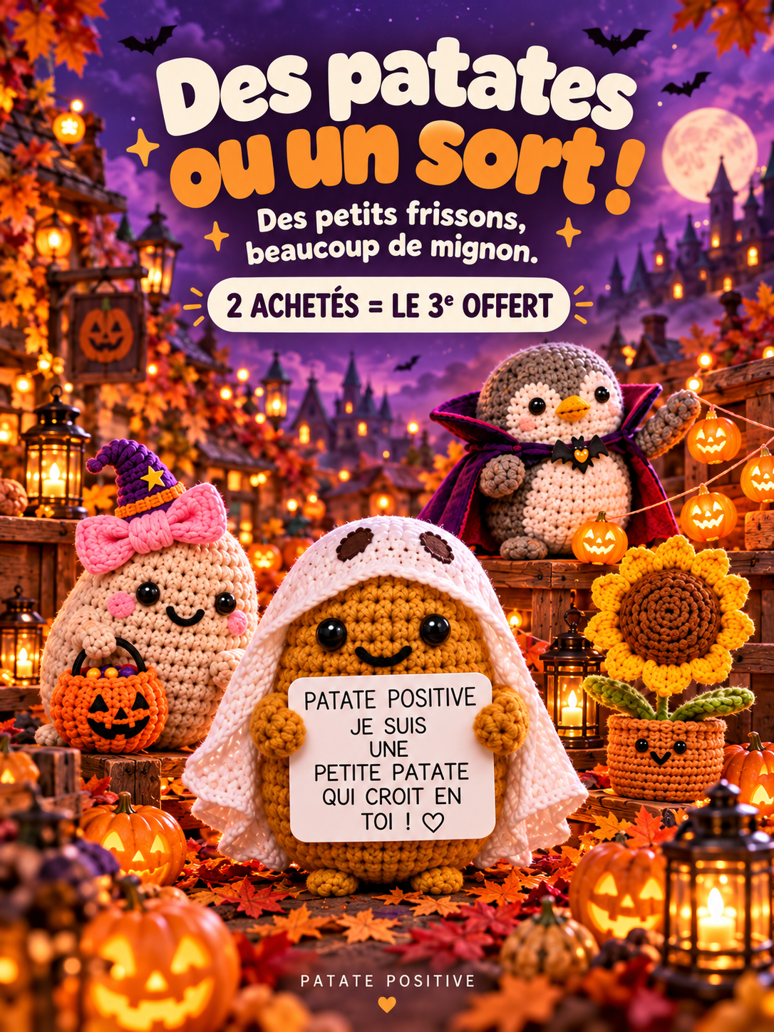 Des patates ou un sort ! Halloween Patate Positive – 2 achetés = le 3e offert