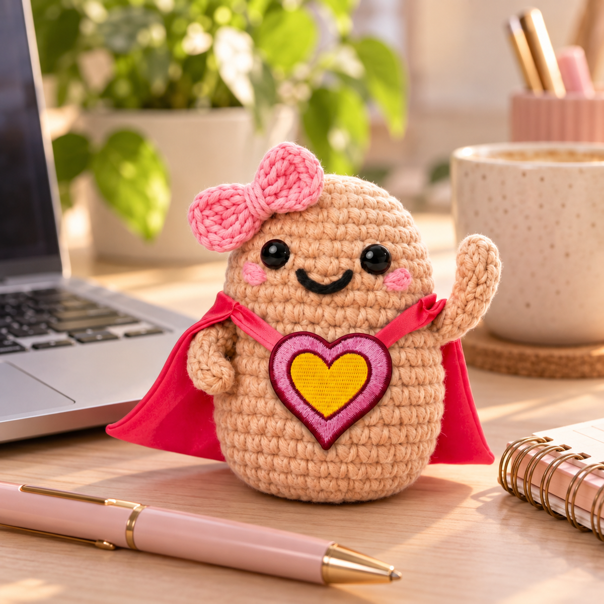 Power Woman sur un bureau, à côté d'un ordinateur, d'un carnet et d'un stylo