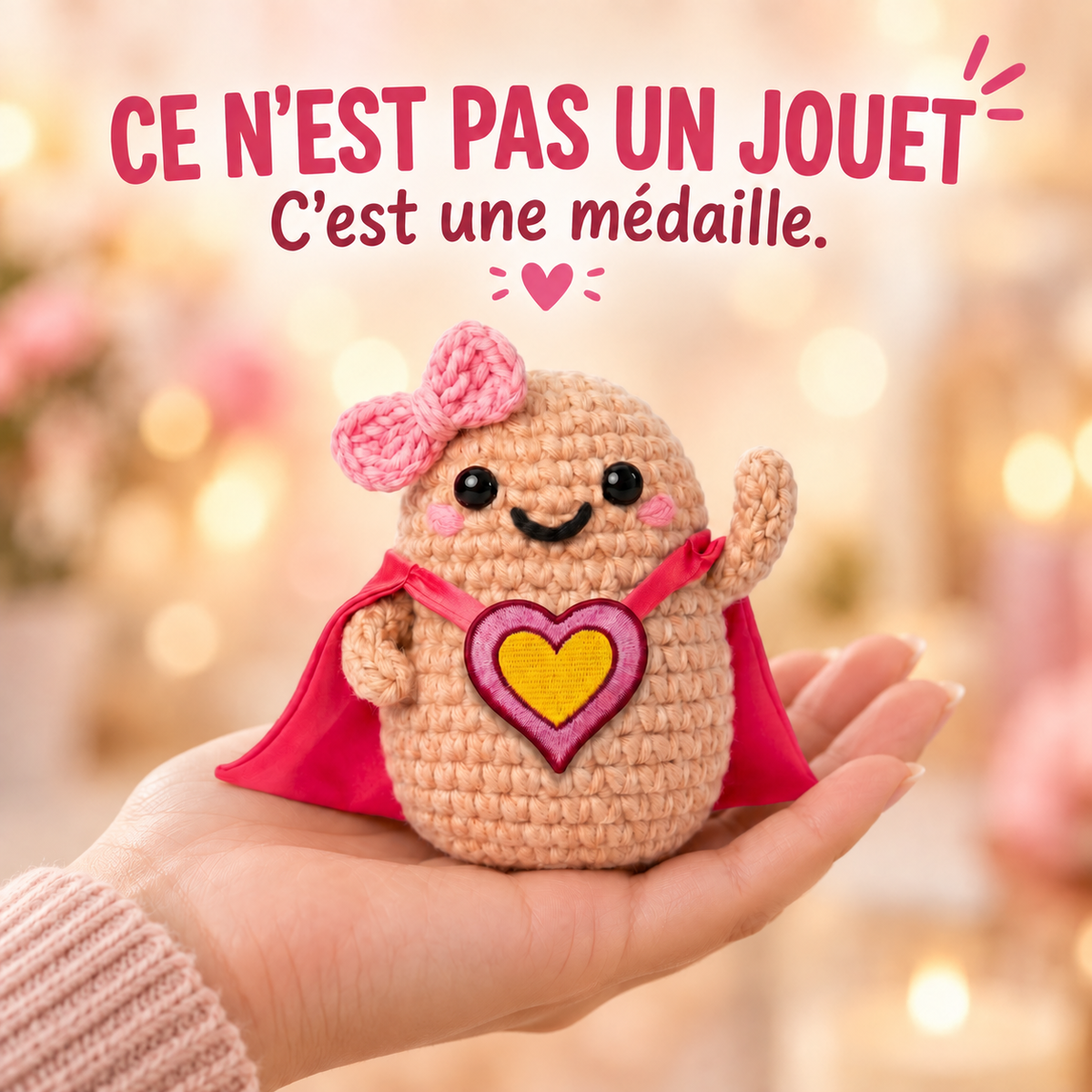 Power Woman, patate au crochet avec cape rouge et cœur brodé, tenue dans une main : ce n'est pas un jouet, c'est une médaille